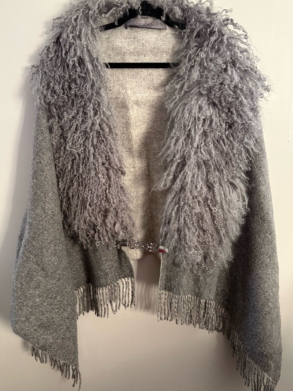 Luxurious Pologeorgis Genuine Lamb Fur Wool Shawl Cape Gray Fringe Wrap Real Fur